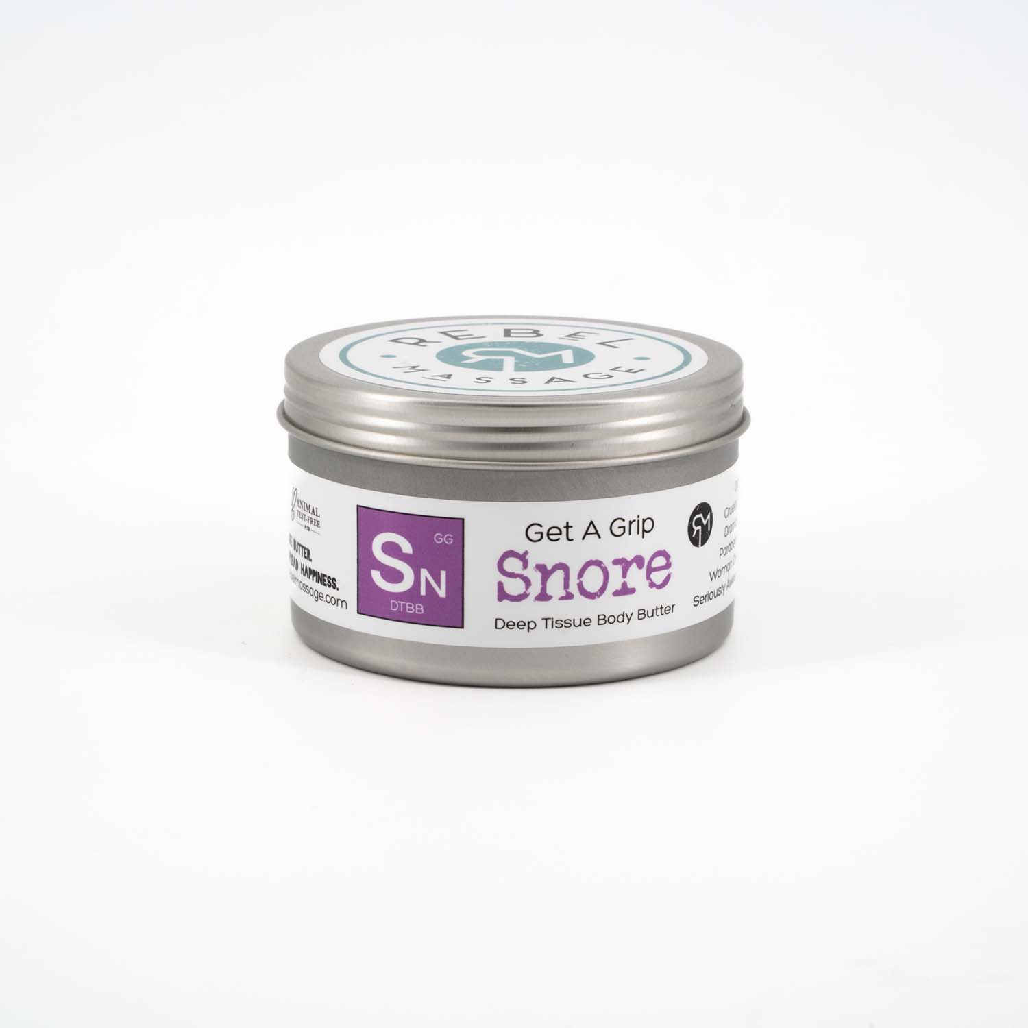 Tin of 'Get A Grip Snore' deep tissue body butter on a white background